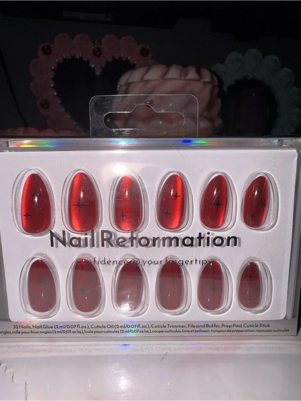 Nail Reformation red reflective with star accent press on nail set